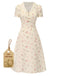 Beige 1940er Baumwolle Puffärmel Revers Blumen Kleid