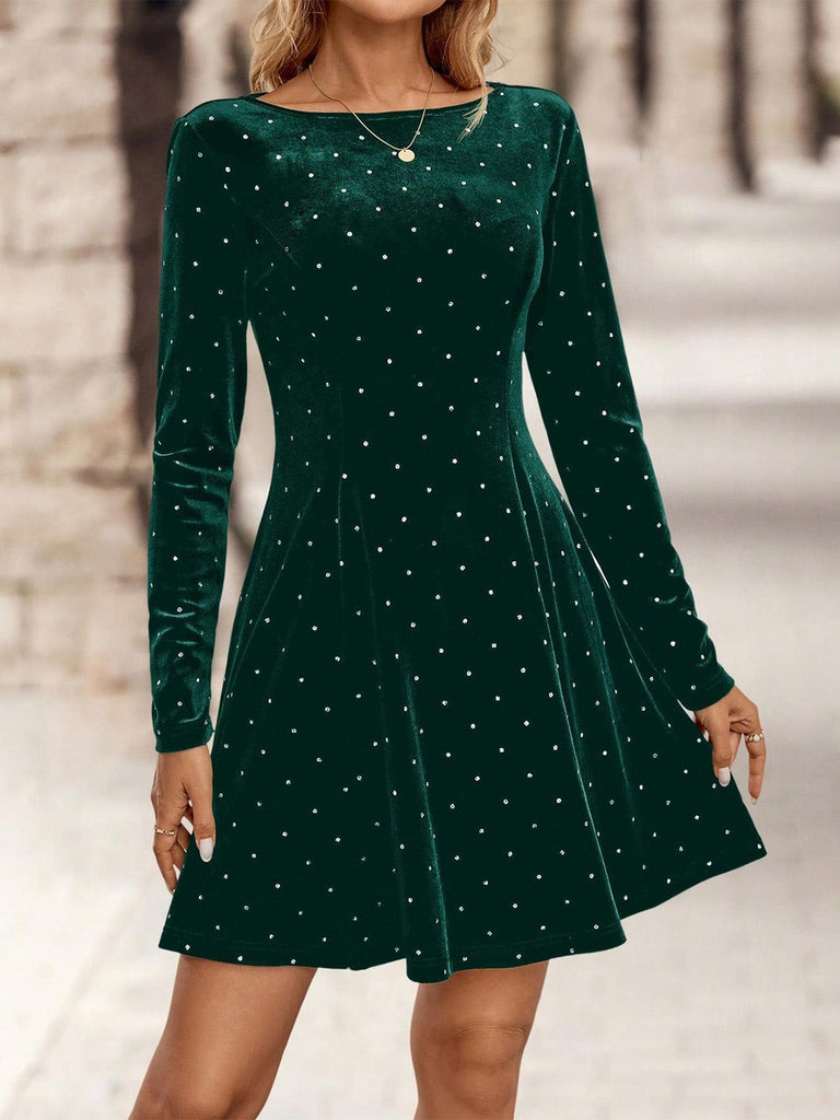 Dunkelgrün 1980er Samt Strassstein Tailliert Party Kleid