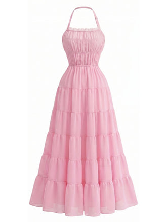 70er Chiffon-Maxikleid mit Neckholder und offenem Rücken