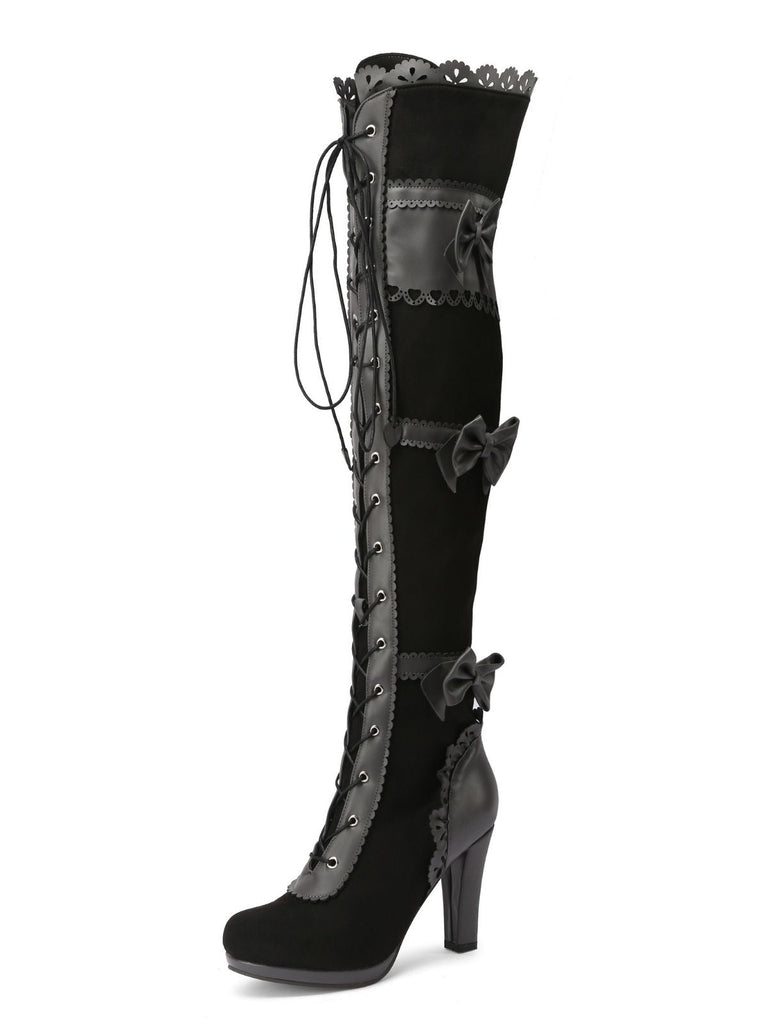Vintage Bogen Schnürung Lange Stiefel mit hohem Absatz