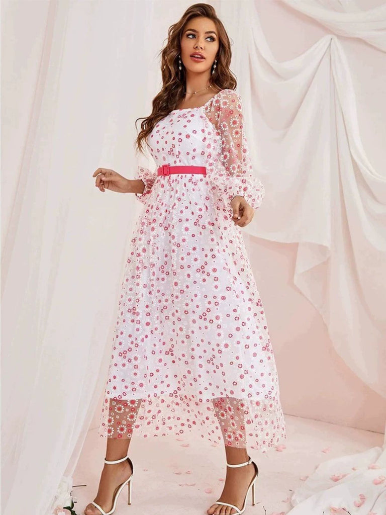 1940er Blumen Quadratischer Hals Gürtel Kleid