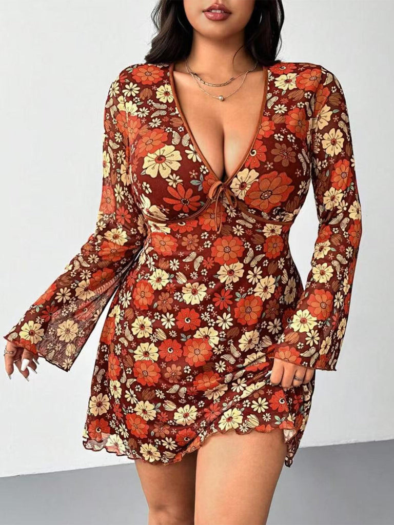 [Übergröße] Orange 1960er V-Ausschnitt Blumen Kleid