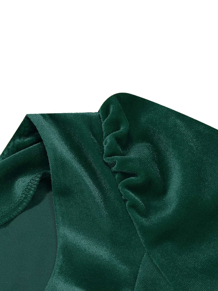Dunkelgrün 1950er Weihnachten Samt Quadratischer Hals Langarm Kleid