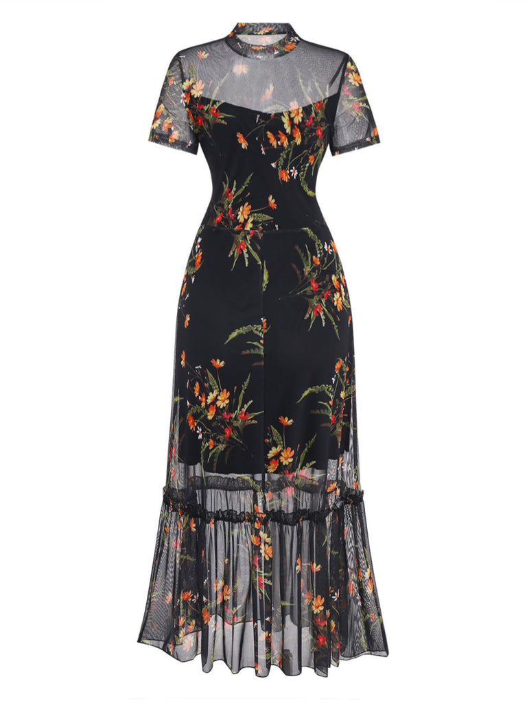 Schwarz 1930er Blumen Netz Rüsche Midi Kleid