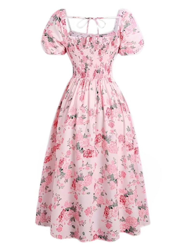 [Übergröße] Rosa 1950er Quadratischer Hals Blumen Kleid