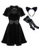 Schwarzes 80er Katzenkostüm mit Samtkleid, Cut-out und Schleife