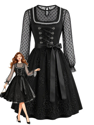 Schwarzes Oktoberfest Dirndl-Set mit Mesh und bestickter Schürze