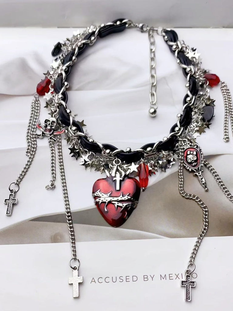 Gothic Dornenherz Leder Kreuz Quaste Halsband