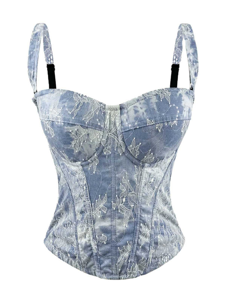 Blau 1950er Träger Denim Spitze Korsett Top