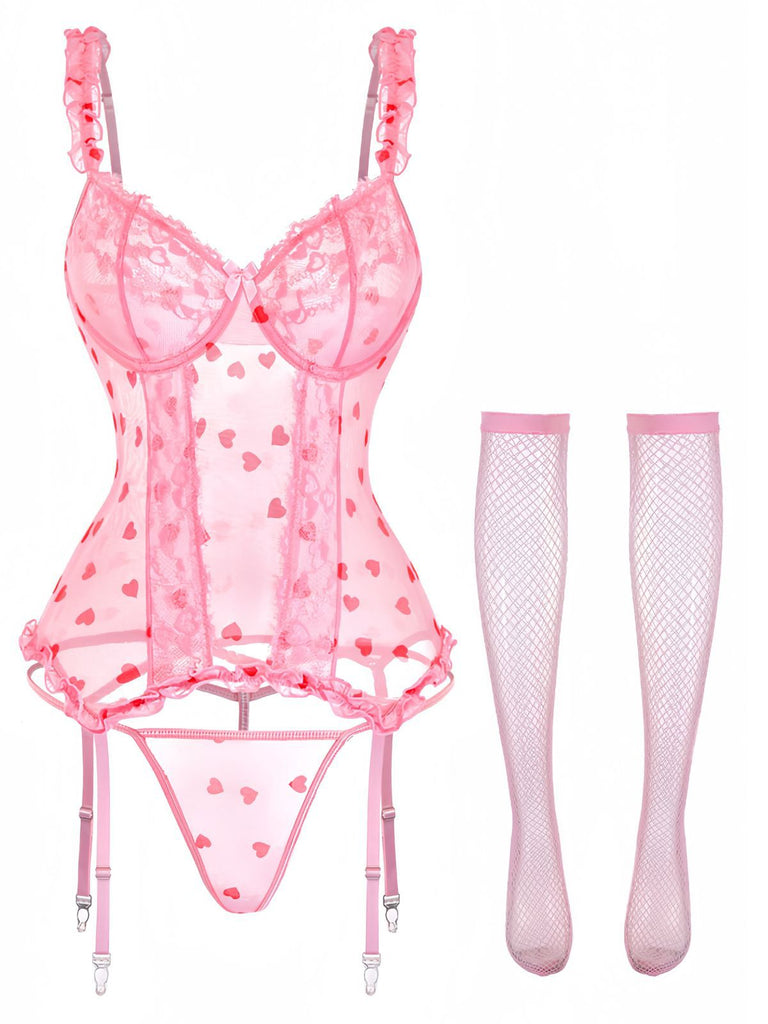 [Vorverkauf] Rosa 1980er Herz Spitze Durchsichtig Bodysuit Nachthemden