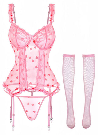 [Vorverkauf] Rosa 1980er Herz Spitze Durchsichtig Bodysuit Nachthemden