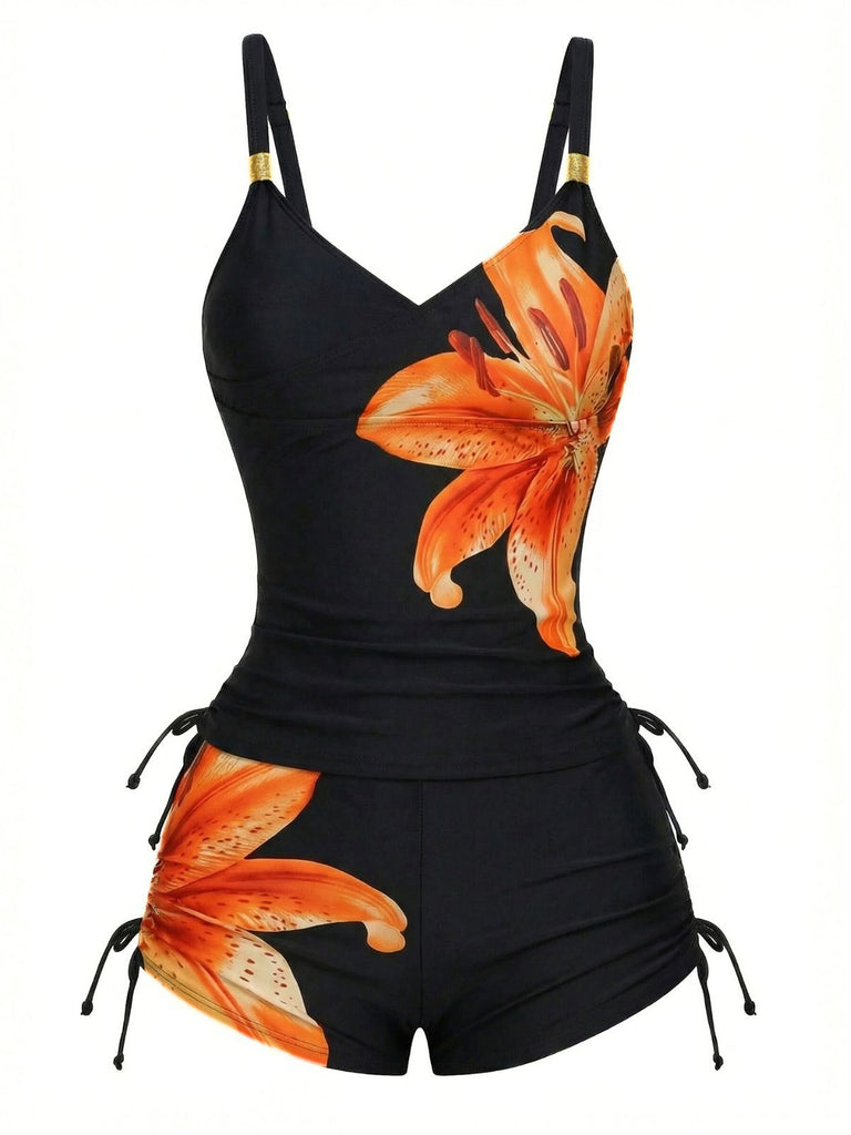 [Vorverkauf] Himmelblau 1950er Blumen Schnürung Tankini Set