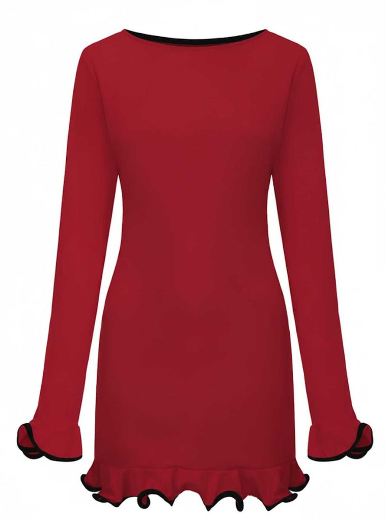 1960er Rüschen Saum Langarm Kleid