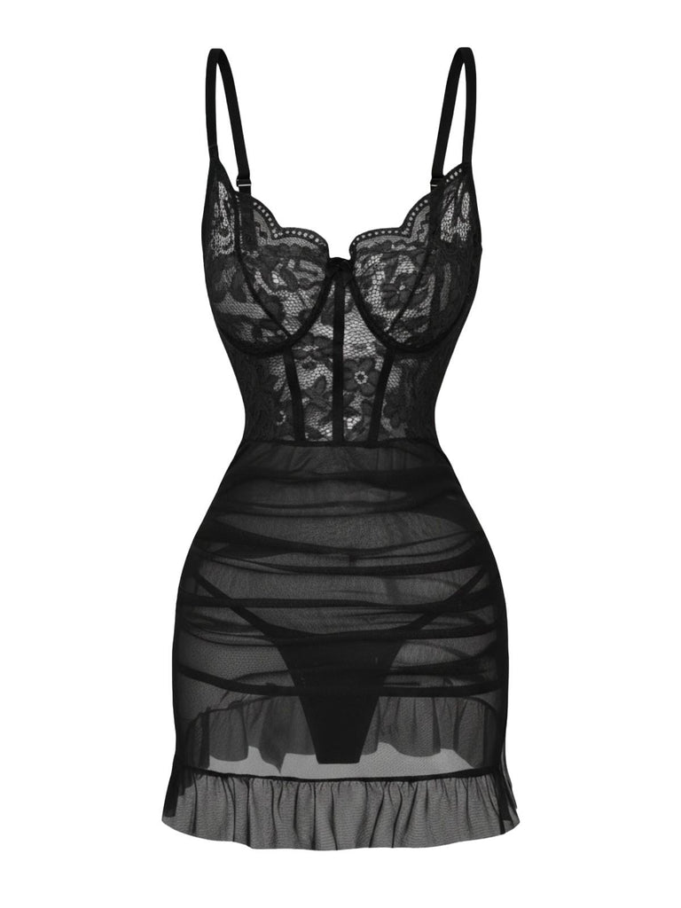 1980er Slip Spitze Bügel Durchsichtig Rüschen Nachthemd