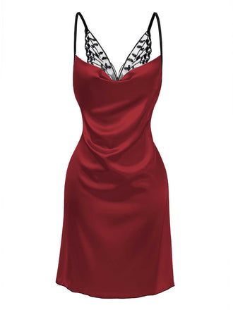 [Vorverkauf] Rot 1980er Satin Slip Schmetterling Spitze Nachthemd