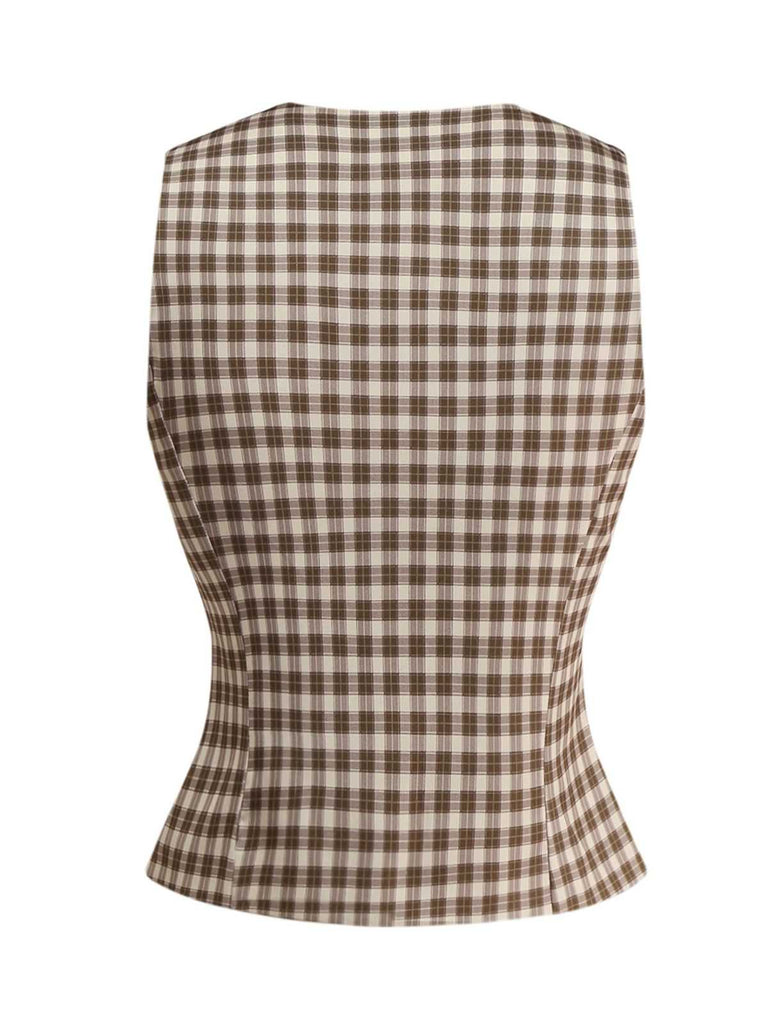2PCS Braun 1960er Gingham Plaid Plissiertes Weste & Rock