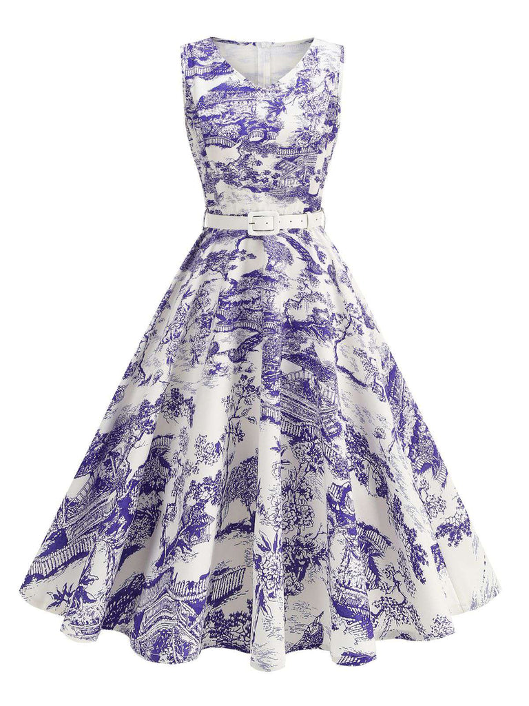 1950er Porzellan Landschaft Ärmellos Gürtel Kleid