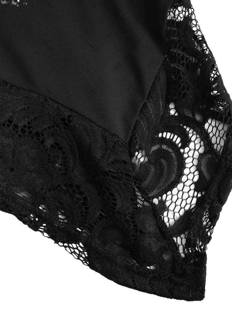 [Übergröße] Schwarz 1970er Solide Herz Taste Spitze Tunika Top