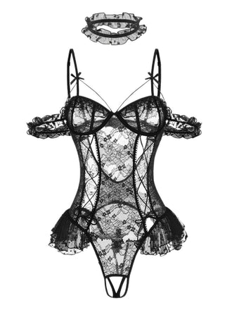 Schwarz 1980er Solide Spitze Durchsichtig Body Nachthemden