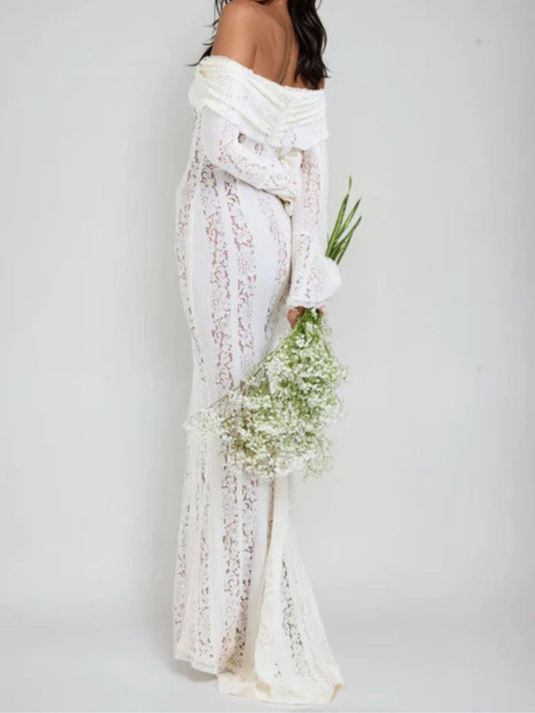 1930er Schulterfrei Spitze Trompetenärmel Maxi Meerjungfrauenkleid