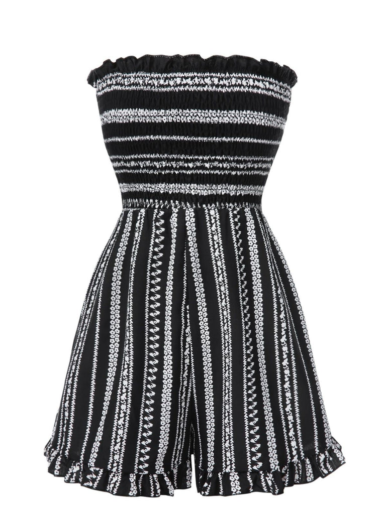 [Vorverkauf] Schwarz 1970er Boho Streifen Bandeau Gesmokt Romper