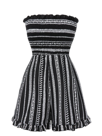 [Vorverkauf] Schwarz 1970er Boho Streifen Bandeau Gesmokt Romper