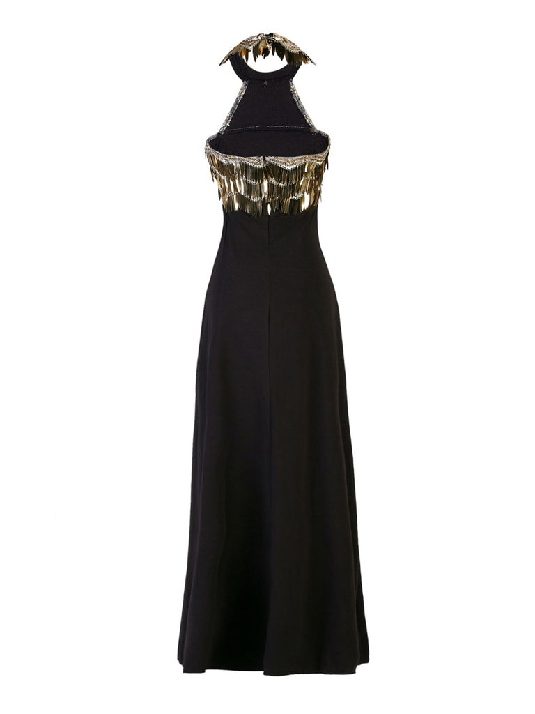 Gold 1930er Pailletten Patchwork Halter Rückenfrei Abend Kleid