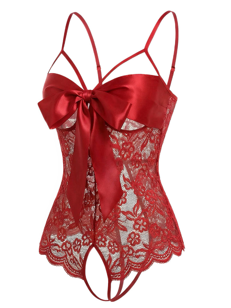 Rot 1970er Spitze Satin Bogen Verstellbar Träger Dessous