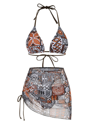 3PCS Kaffee 1970er Ethno Muster Bikini Set & Cover-Up