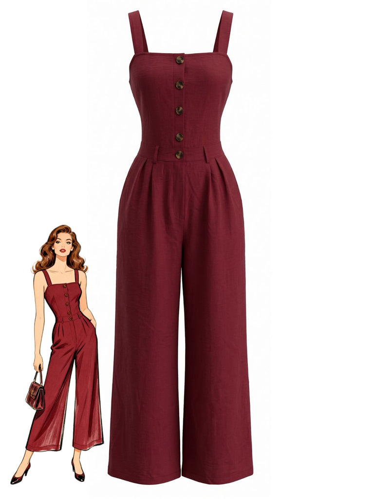 40er ärmelloser Jumpsuit mit Karree-Ausschnitt und Knopfleiste