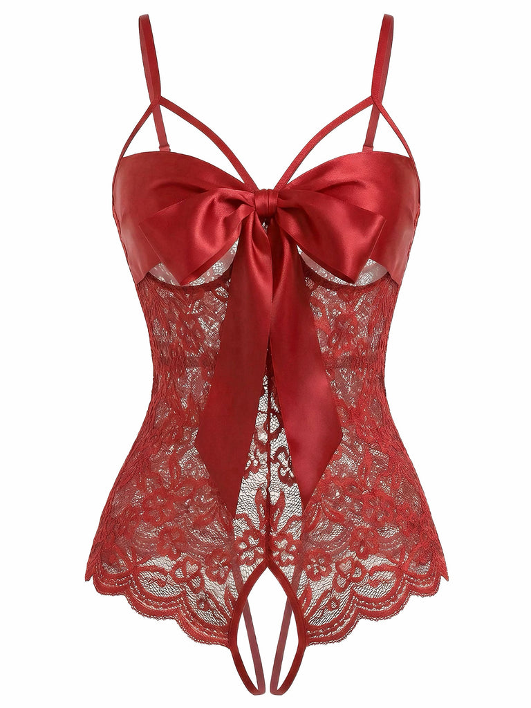 Rot 1970er Spitze Satin Bogen Verstellbar Träger Dessous