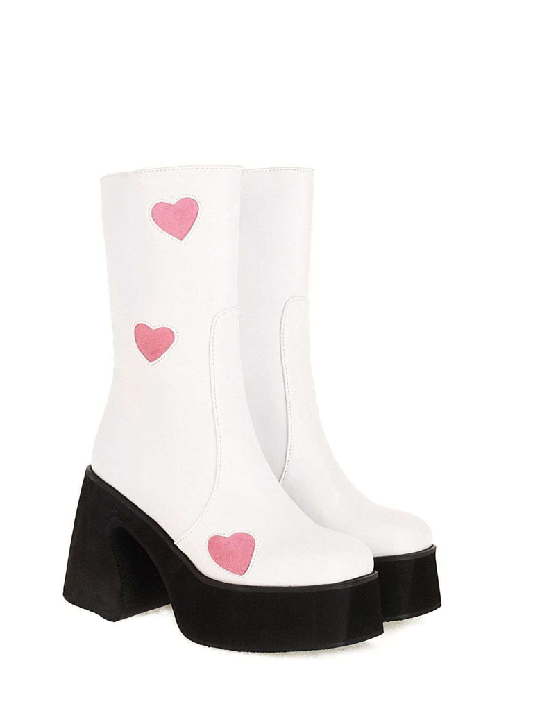 Hollow Herzen Leder Klobige Plateaustiefel