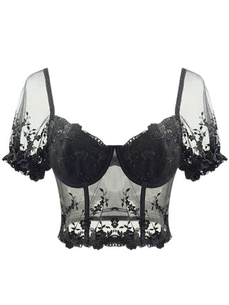 Schwarz 1970er Puffärmel Spitze Korsett Top