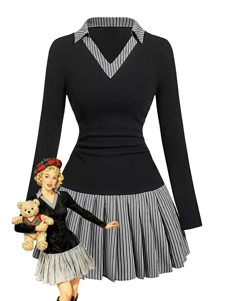 1960er V-Ausschnitt Streifen Plissiert Fake Zweiteiler Kleid