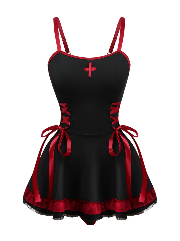 Schwarz 1950er Kreuz Kontrast Rüschensaum Nachthemd