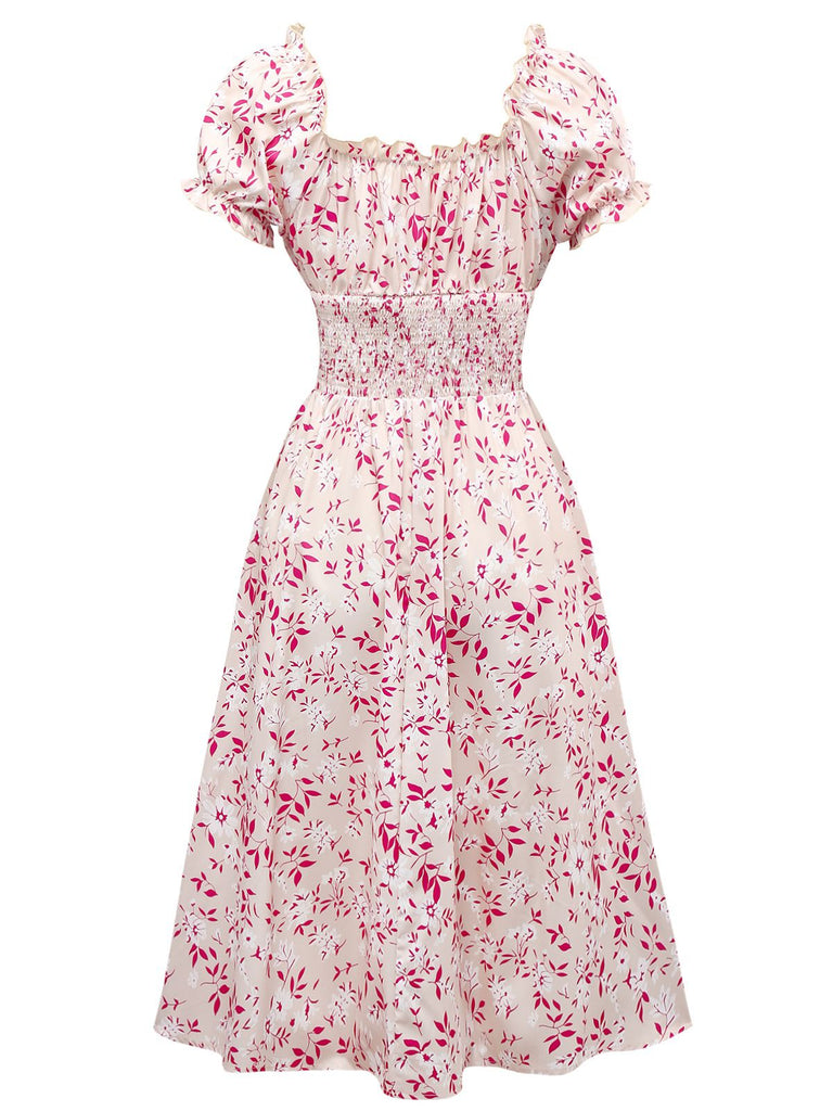 Rosa 1940er V-Ausschnitt Blumen Puffärmel Kleid