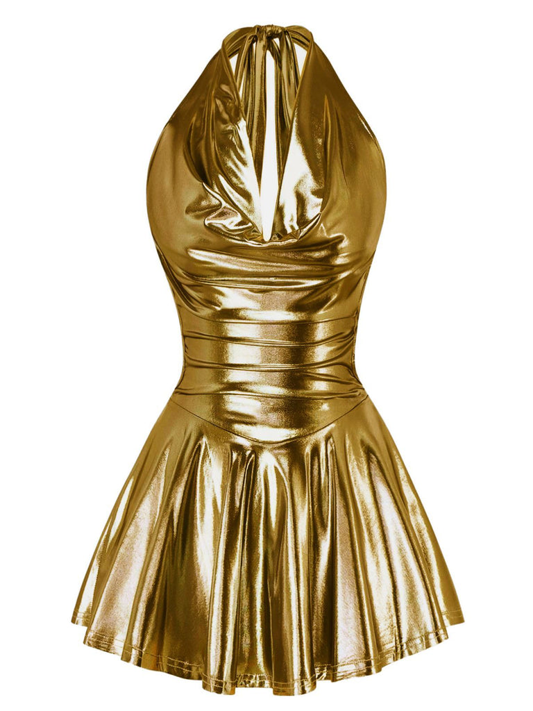 1970er Metallic V-Ausschnitt Plissiertes Mini Dress