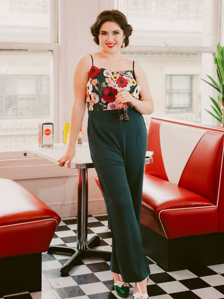 GRÜNER PATCHWORK JUMPSUIT MIT BLUMEN-3D-RIEMEN