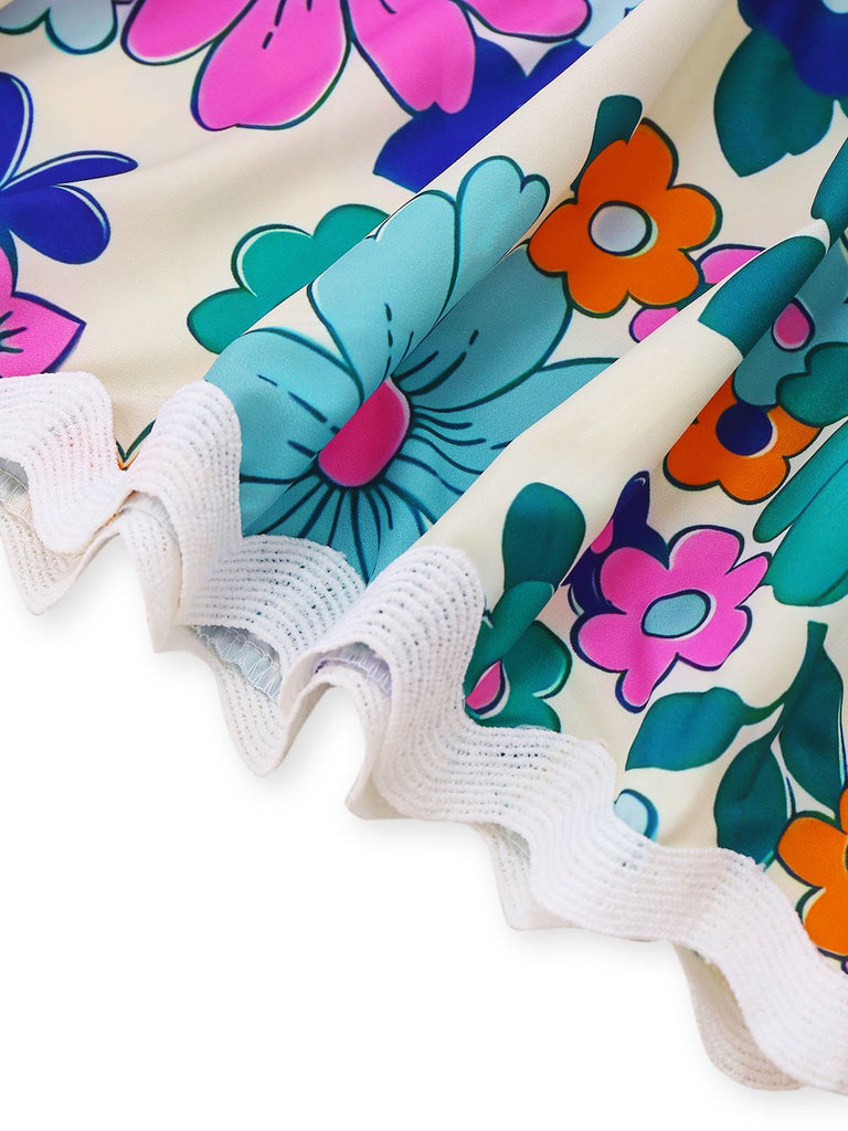 1940er Blumen Rüschen Spaghetti Träger Kleid