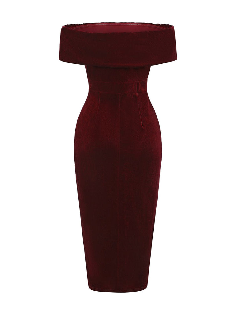 1980er Solide Samt Schulterfrei Midi Kleid