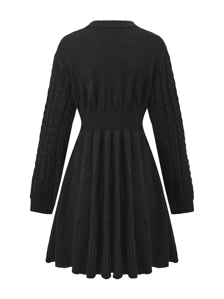 1940er Solide Stricken Laternenärmel Pullover Kleid
