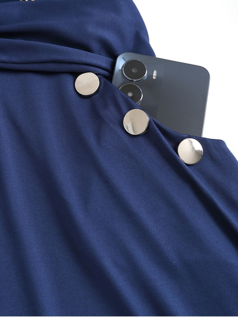 [Übergröße] Marineblau 1970er Stern Rüschen Volantärmel Kleid