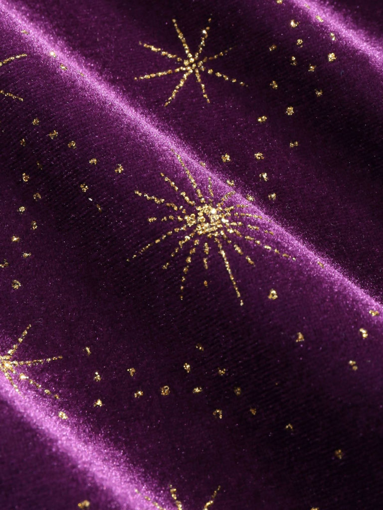 Lila 1940er Samt V-Ausschnitt Stern Rüschen Kleid