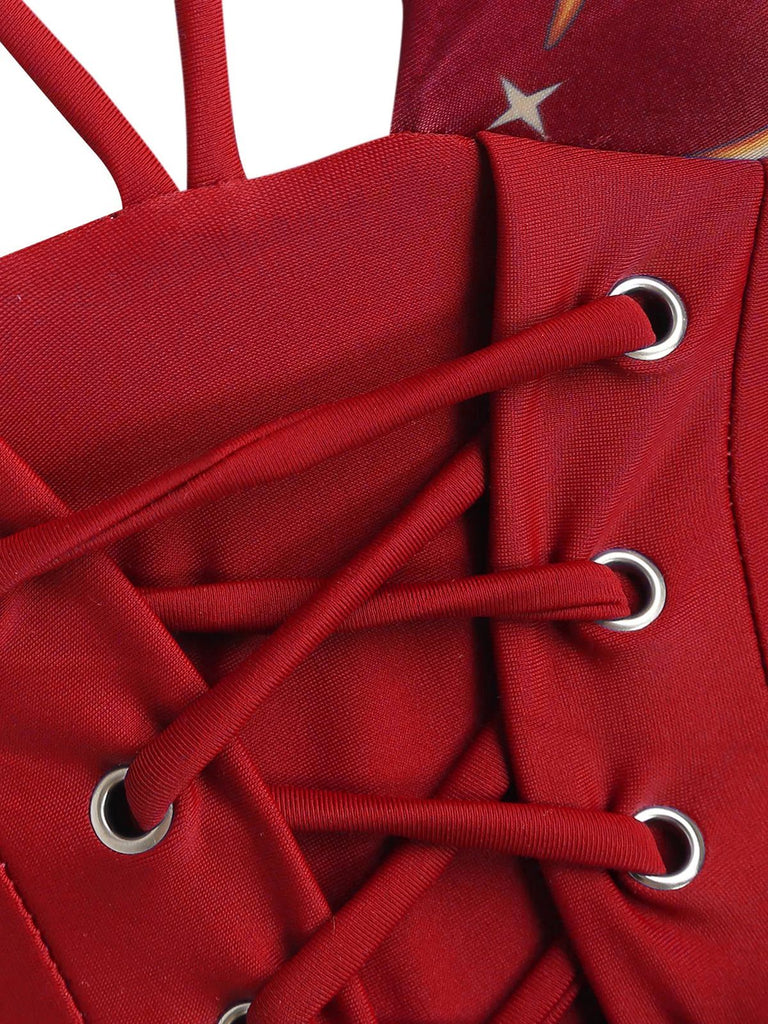 Schwarz 1940er Sonne Mond Sterne Schnürung Badeanzug