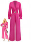 Rosa 1960er Solide Tiefer V Gürtel Laternenärmel Jumpsuit
