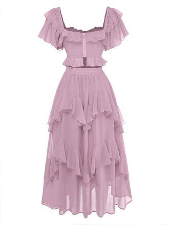 Nebligrosa 1950er Rüschen Gestuft Schulterfrei Maxi Kleid