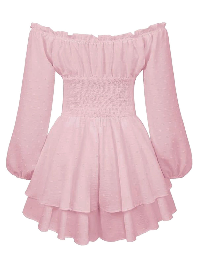 1950er Uni Schulterfrei Langarm Gesmoked Mini Kleid