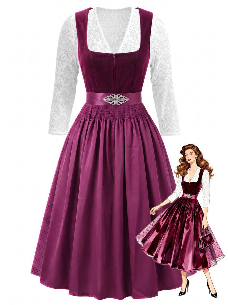 Pflaumenfarbenes 50er Kleid mit Schürze und Spitze