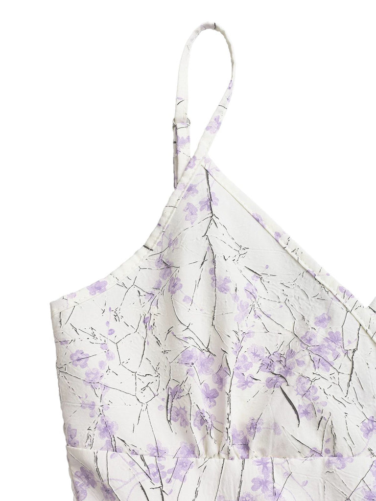 Lila 1970er Blumen Druck Spaghetti Träger Romper