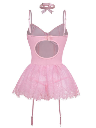 Rosa 60er Korsett-Bodysuit-Set mit Spitzenbesatz